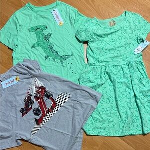 Cat & Jack Girls 19/12 Bundle of Dress & 2 Tees Green and Gray Clothing